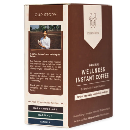 IncredaBrew Wellness Instant Coffee Powder - 20 Cups, Vitamin Rich Diet Coffee for Hot/Cold Coffee, Milk/Black Coffee | 20 x 2.2g Instant Coffee Sachets