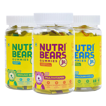 NutriBears Multivitamin, Calcium and Immune Gummies for Kids, Combo Pack of 3 (90 Gummy Bears, Strawberry, Orange & Mango Flavour) Vitamin C, D, & Zinc for Immunity, Supplement for Strong Teeth and Bones