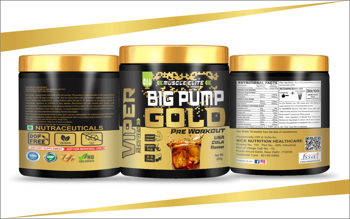 Muscle Elite Fitness Big Pump Gold Series Loaded Core Pre-Workout - Pre Workout Energy with Creatine Monohydrate + Caffeine and Beta-Alanine Performance | [Cola, 60 Servings]