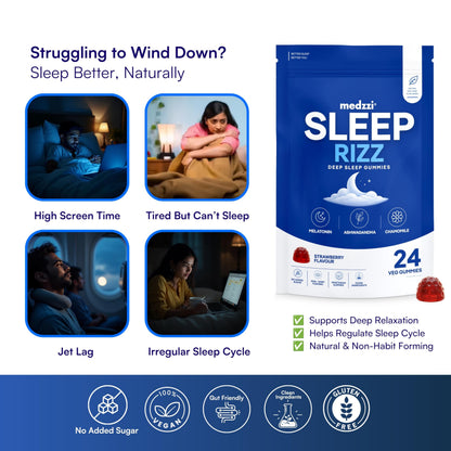 Medzzi Sleep Rizz Gummies with Melatonin, Ashwagandha & Chamomile | Promotes Deep Sleep, Reduces Stress & Calms Mind | Strawberry Flavour | 24 Veg Gummies