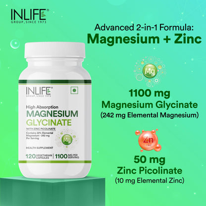 INLIFE Magnesium Glycinate Supplement 1100mg (Elemental Magnesium 242mg) with Zinc 10mg (as Zinc Picolinate) Per Serving, Relaxation & Healthy Muscle Function - 120 Capsules (Pack of 1, 120, count)