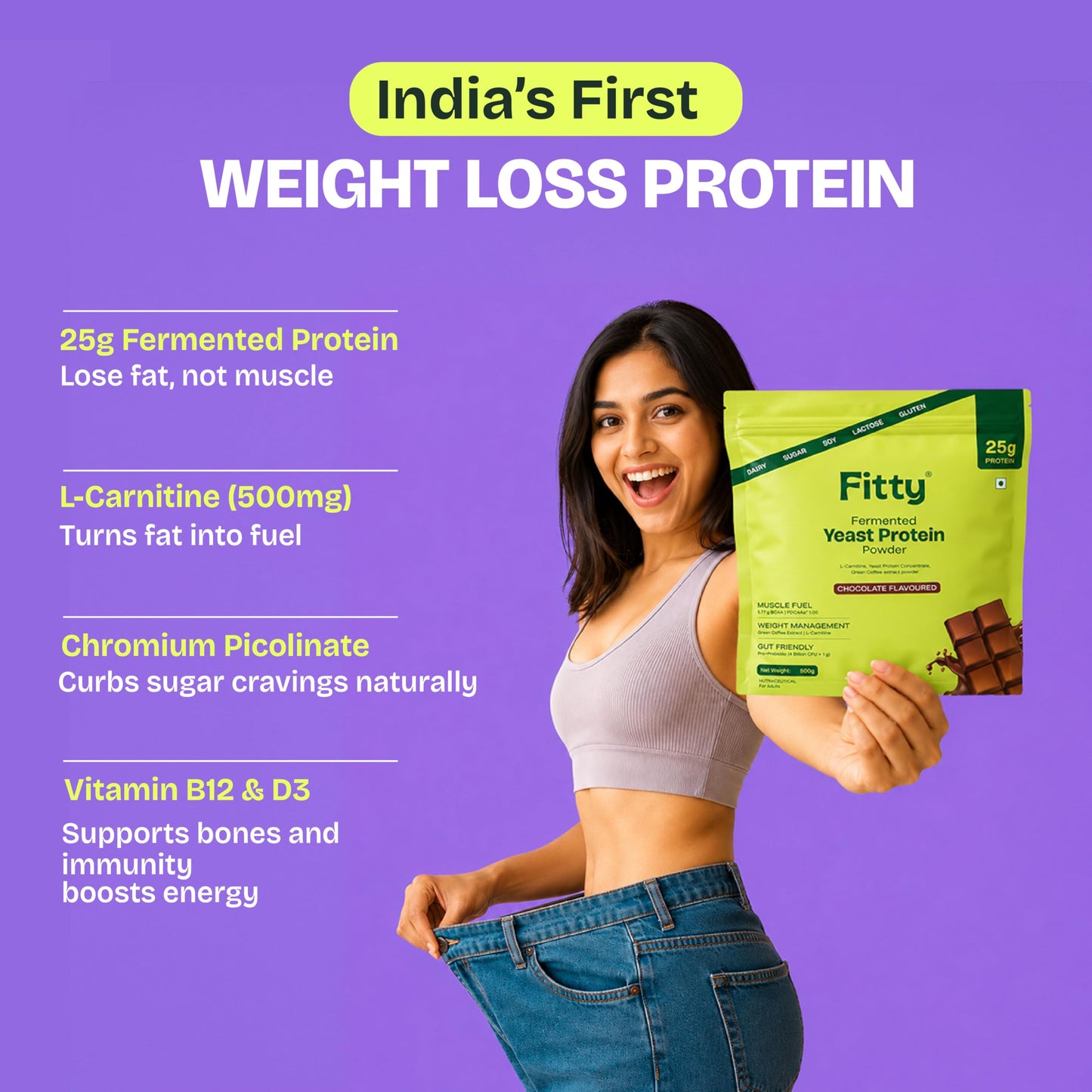 Fitty Fermented Yeast Protein Powder | 25g Protein | With Vitamin D3 & B12 | Weight Management Support | No Added Sugar | Chocolate Flavour | Has all 9 Essential Amino Acids | Supports Metabolism | Vegan Protein | 500g