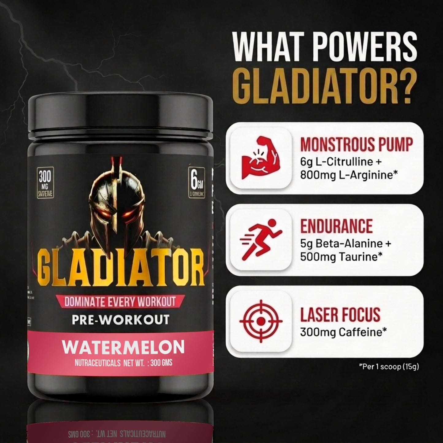 BEN Gladiator Pre-Workout 300 gm Watermelon |300 mg Natural CAFFEINE|EXTREME Pre Workout|6 gm L-Citrulline|Lazer Focus& INSANE pumps