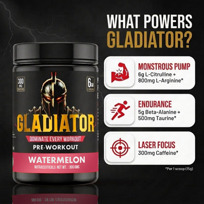 BEN Gladiator Pre-Workout 300 gm Watermelon |300 mg Natural CAFFEINE|EXTREME Pre Workout|6 gm L-Citrulline|Lazer Focus& INSANE pumps