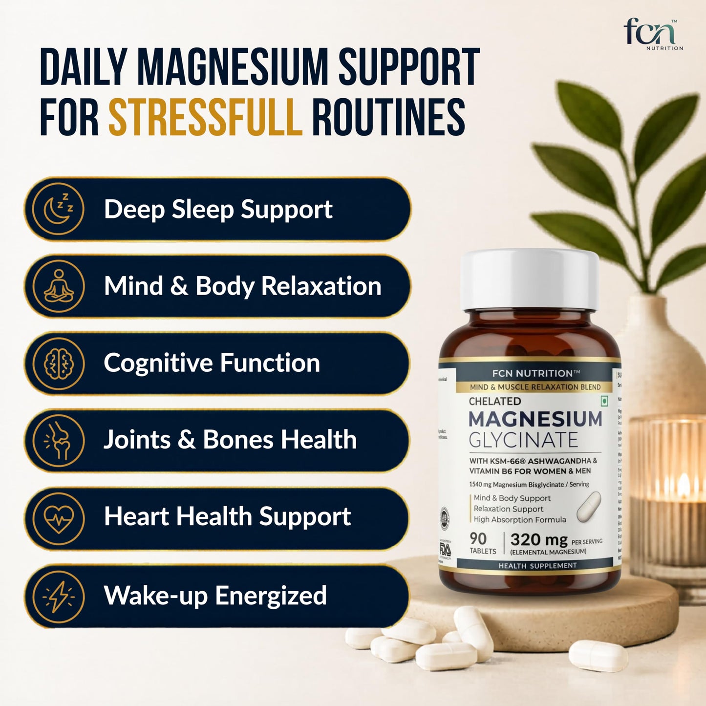 FCN - Magnesium Glycinate 320mg for Women & Men with KSM-66 Ashwagandha 300mg & B6 For Sleep, Muscle & Stress Support | 1540mg Magnesium Bisglycinate Chelate | Vegan, GMP-Certified | 90 Veg Tablets