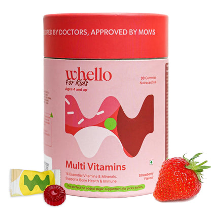 WHELLO Multivitamin Gummies for Kids | 4+ Years | 30 Gummies | With Real fruit and Vegetables , Vitamin D, C, Zinc, K and Vegan | No Added Sugar | Doctor Formulated (Strawberry Flavour), Improves Immunity & Bone heath