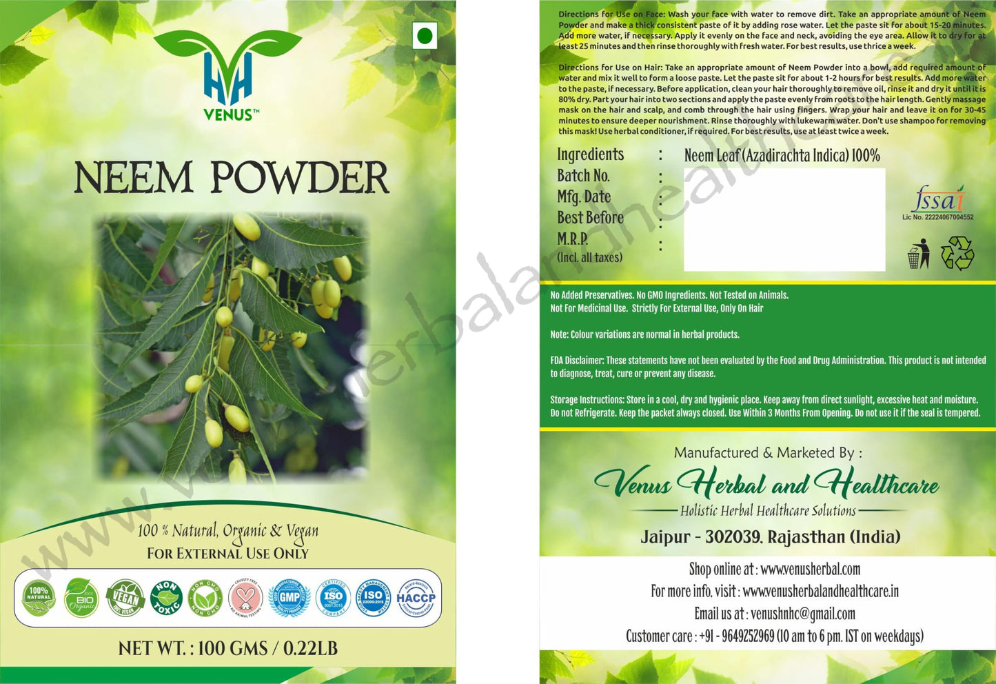 VENUS Unisex Neem Powder For Hair Care | Natural - 100% Ground Azadirachta Indica Leaves (100 Grams)