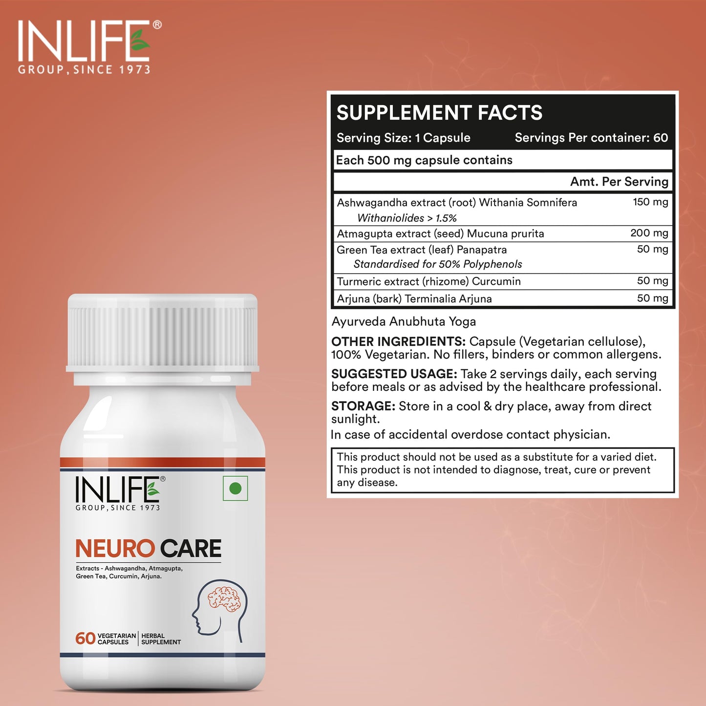 INLIFE Neuro Nerve Care, Ashwagandha Green Tea Turmeric, 60 Veg Capsules (Pack of 1, 60)