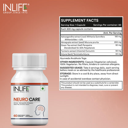 INLIFE Neuro Nerve Care, Ashwagandha Green Tea Turmeric, 60 Veg Capsules (Pack of 1, 60)