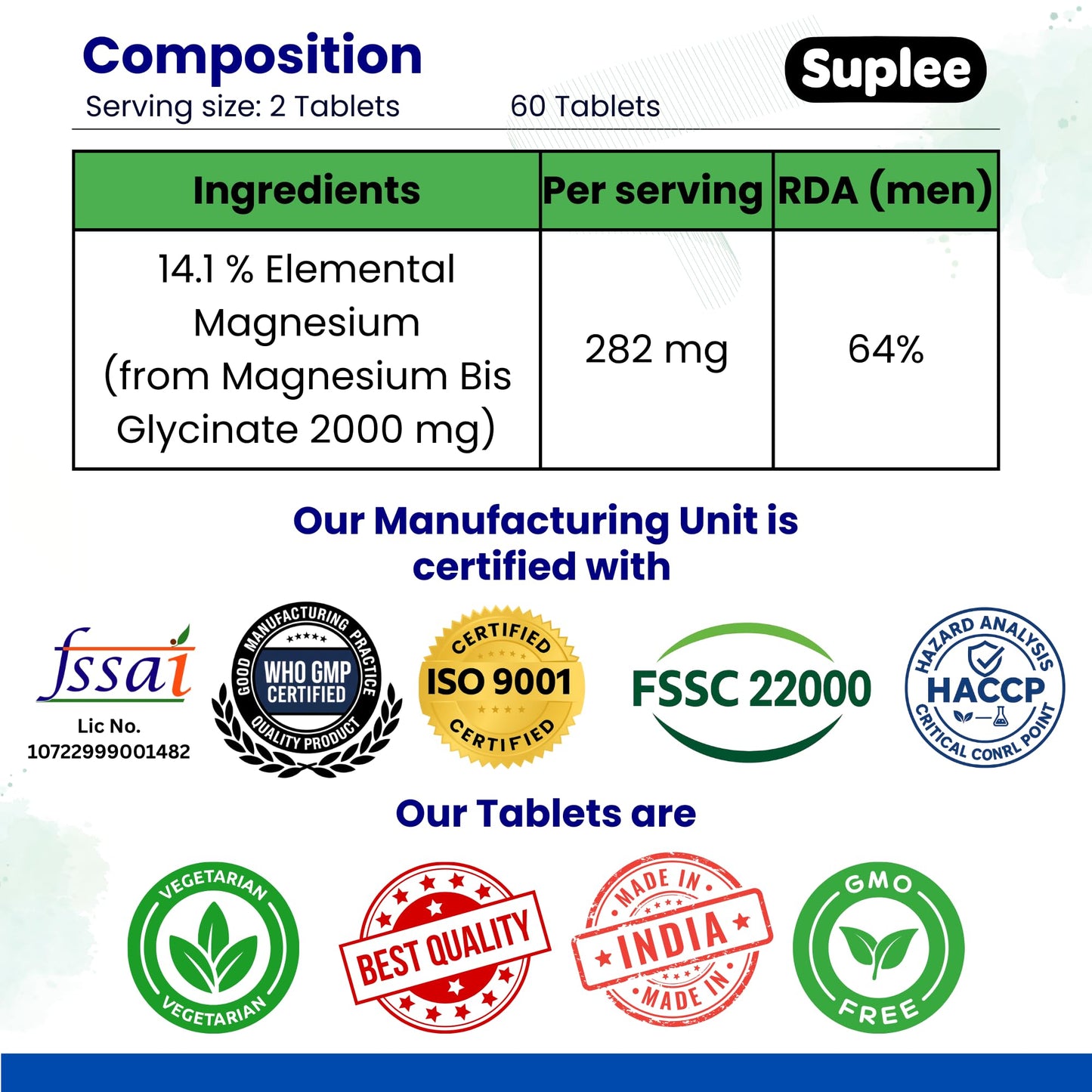 Suplee Magnesium Glycinate 2000mg per Serving | Fully Chelated Non-Buffered Bisglycinate (282mg Elemental Yield) | Supports Deep Sleep, Muscle Recovery & Heart Health | Gentle on Stomach | 60 Vegetarian Tablets