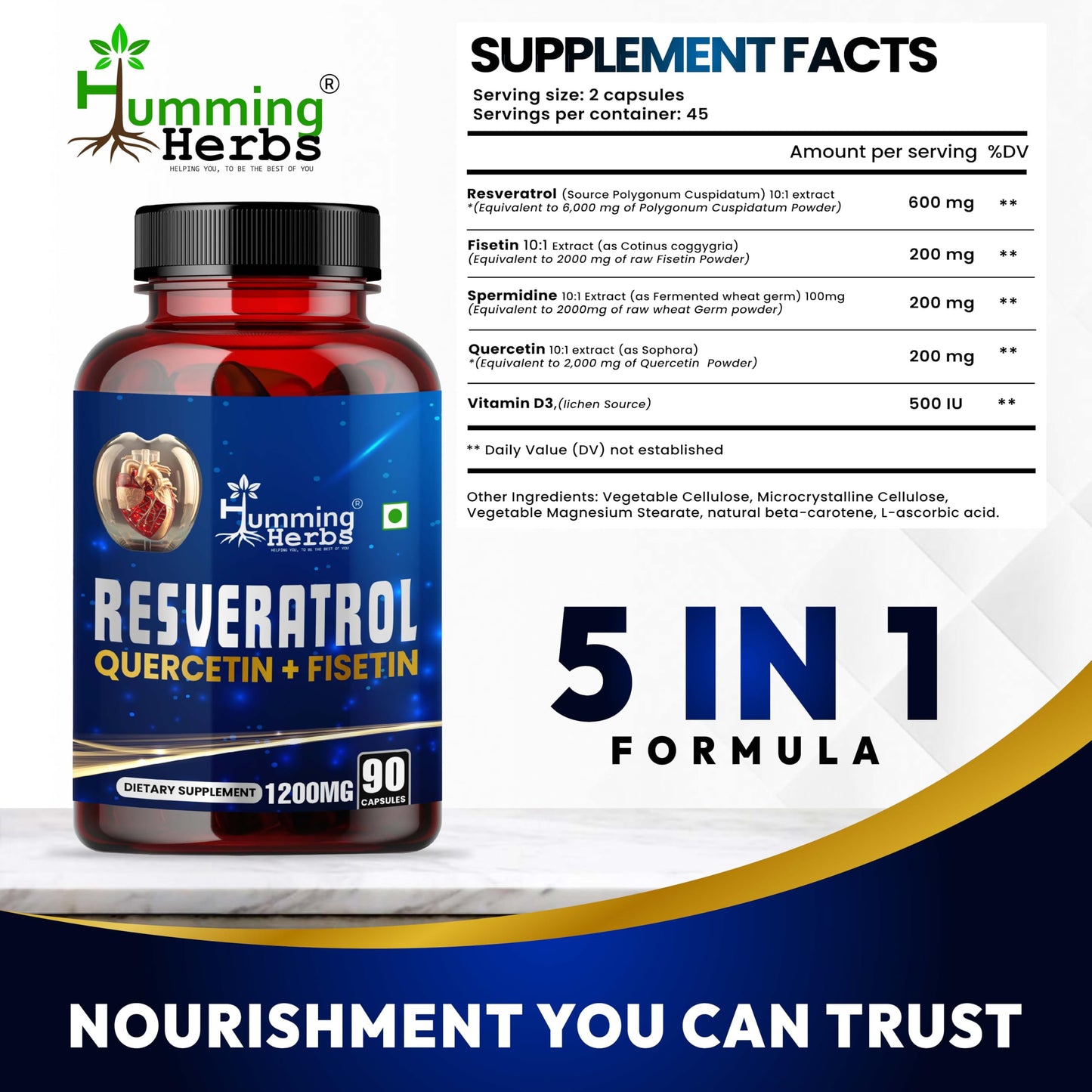 Humming Herbs Resveratrol Supplement 1200mg – 5-in-1 Formula with Quercetin, Fisetin, Spermidine & Vitamin D3 – 90 Capsules