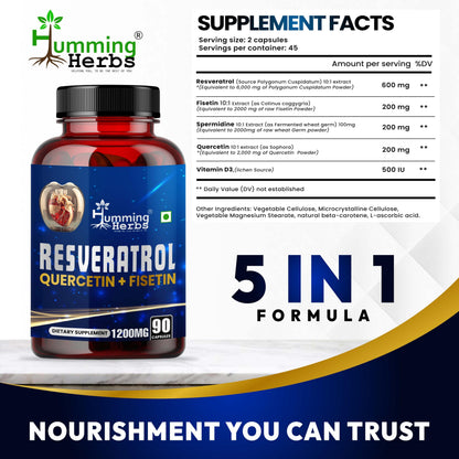 Humming Herbs Resveratrol Supplement 1200mg – 5-in-1 Formula with Quercetin, Fisetin, Spermidine & Vitamin D3 – 90 Capsules