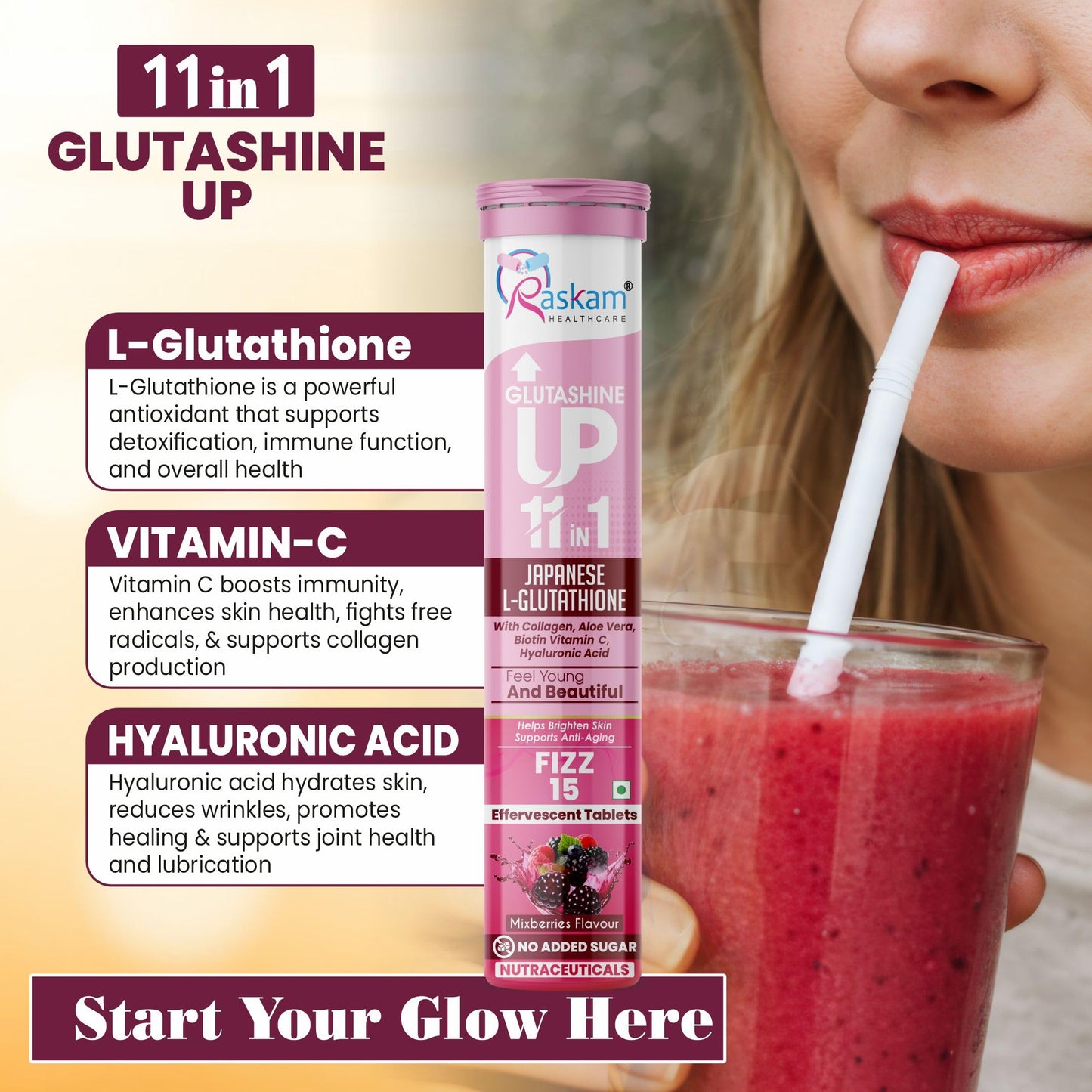 Raskam Glutathione Tablets Japanese L Glutathione 15 Effervescent Tablet In Mixberry Flavour With Collagen Aloevera Biotin Vitamin-c Hyaluronic Acid For Skin Glow & Hydration (Pack of 1)