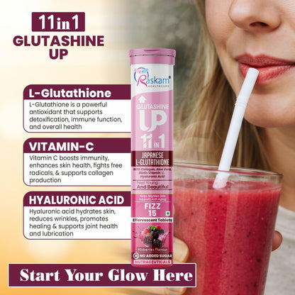Raskam Glutathione Tablets Japanese L Glutathione 15 Effervescent Tablet In Mixberry Flavour With Collagen Aloevera Biotin Vitamin-c Hyaluronic Acid For Skin Glow & Hydration (Pack of 1)