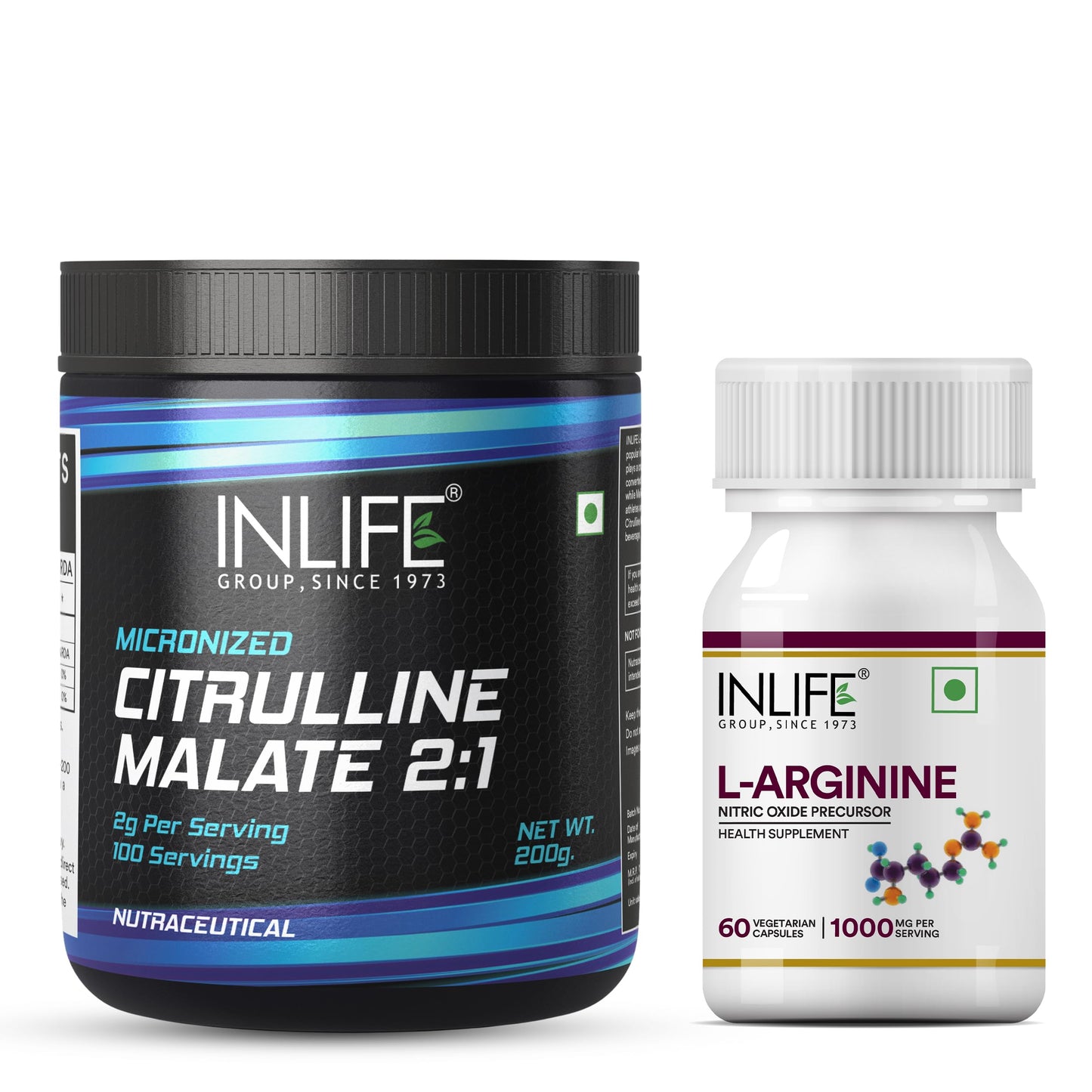 INLIFE L Arginine with L Citrulline | Nitric Oxide Precursor | Pre Workout Supplements for Men & Women - 60 Capsules and 200g Unflavoured
