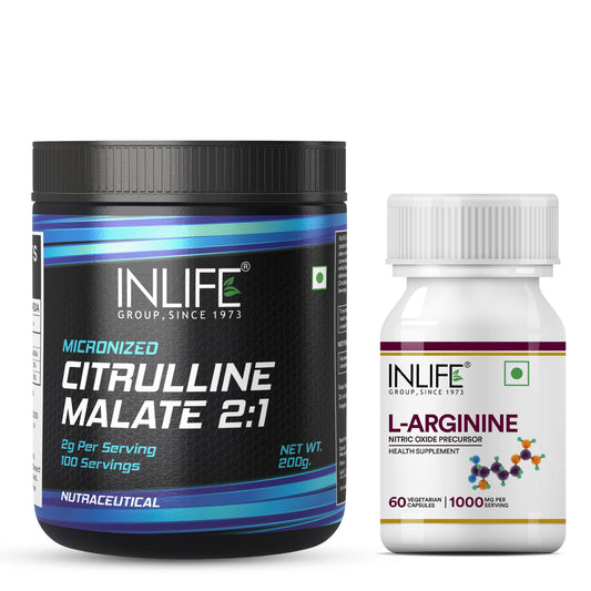 INLIFE L Arginine with L Citrulline | Nitric Oxide Precursor | Pre Workout Supplements for Men & Women - 60 Capsules and 200g Unflavoured