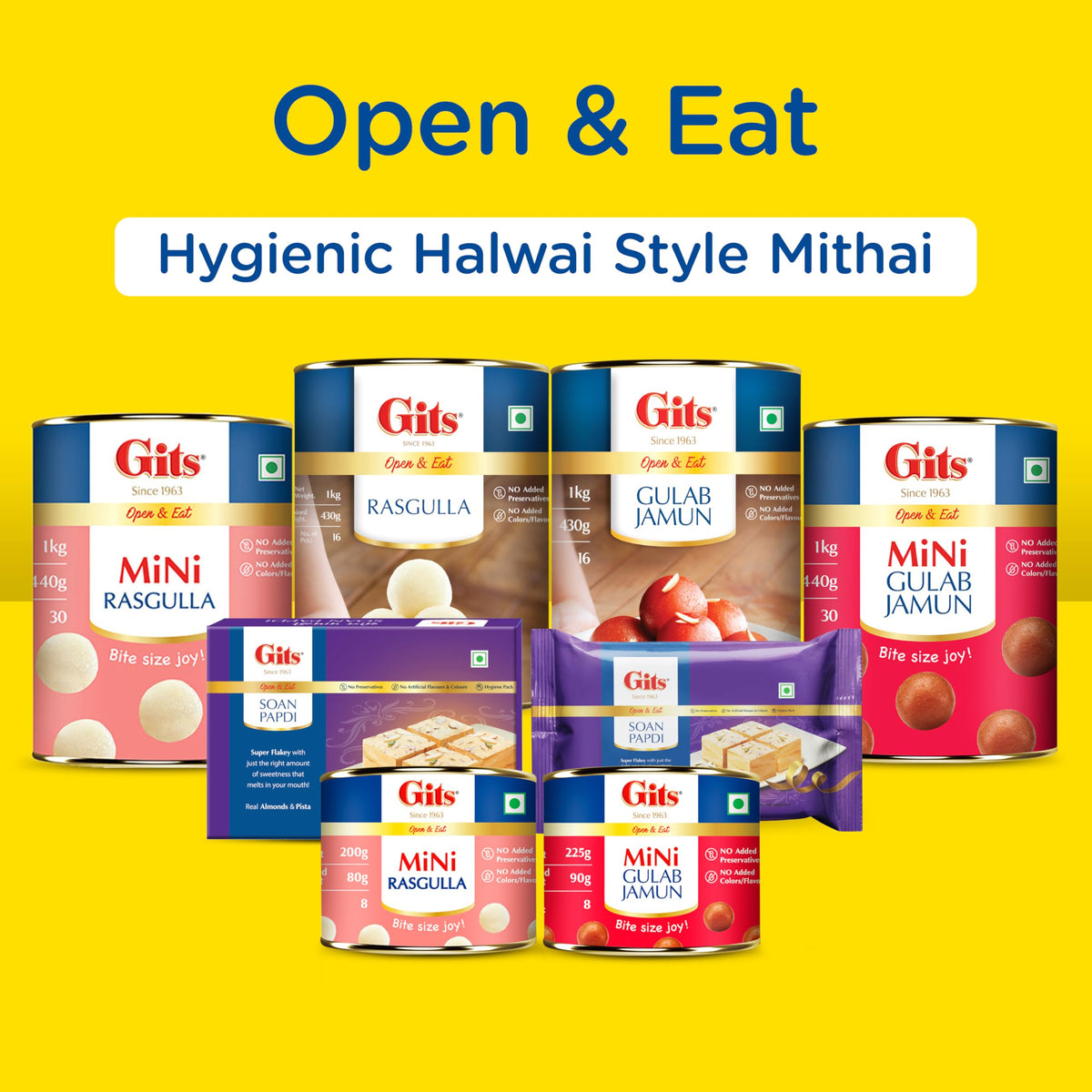 Gits Open & Eat Mini Gulab Jamun, 30 Pieces Per Can, Mouth-Watering Indian Mithai, 1Kg