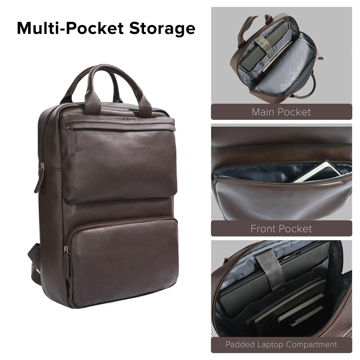 Police Leather Laptop Backpack for Men & Women | 15 inch College Bag fo- image 5