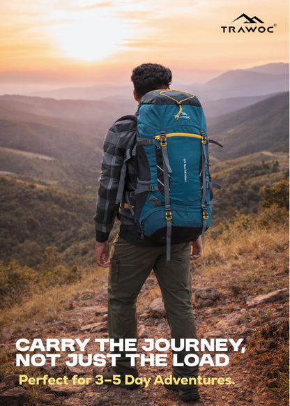 TRAWOC TREKELITE 60L Travel Backpack Hiking Trekking Bag Camping Rucksack for Men & Women with Water Proof Rain Cover/Shoe Compartment MHK004, 3 Year Warranty, English Blue