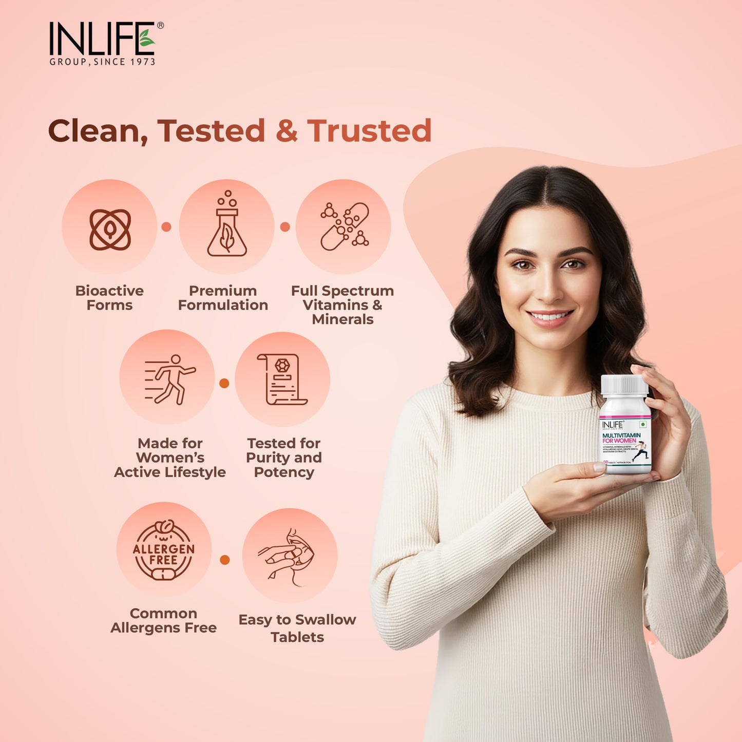 INLIFE Women's Multivitamin Tablets | 60 Tablets | Enriched with Zinc, Vitamin C, Vitamin D, and Essential Multiminerals (Pack of 1)