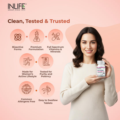 INLIFE Women's Multivitamin Tablets | 60 Tablets | Enriched with Zinc, Vitamin C, Vitamin D, and Essential Multiminerals (Pack of 1)