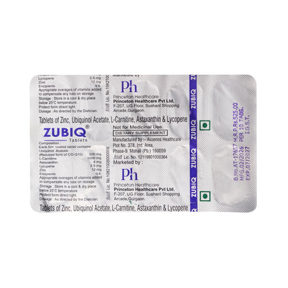 Princeton Healthcare ZUBIQ | Ubiquinol CoQ10 200mg Tablets | L-Carnitine + Astaxanthin + Lycopene + Zinc | Advanced Mitochondrial Energy & Antioxidant Support | 10 Tablets