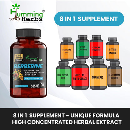 Humming Herbs Berberine | 8in1 | 90 Caps | 13100mg | with Bitter Melon, Milk Thistle, Turmeric & Black Pepper - For Optimal Health