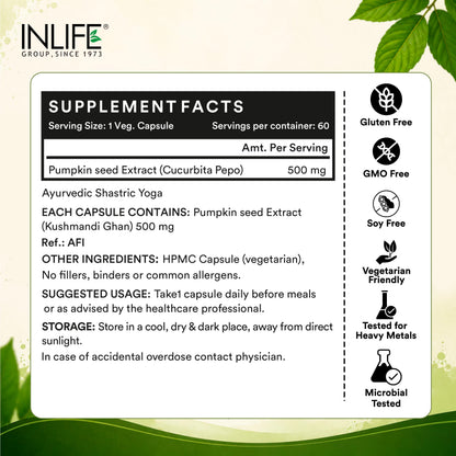 INLIFE Pumpkin Seed Extract 500mg – 60 Capsules, Pack of 2