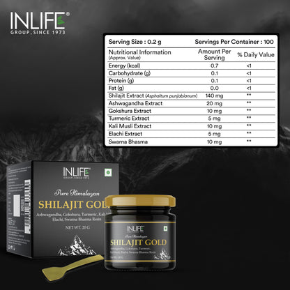 INLIFE Shilajit Gold 20g | Original Himalayan Shilajit Resin with Ashwagandha, Tribulus, Turmeric, Kali Musli | 75% Fulvic Acid | Lab Tested Ayurvedic Supplement
