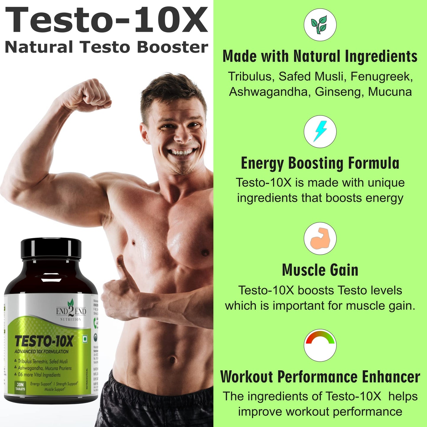End2End Nutrition Testo 10X Natural Testosterone Booster Supplement and Multivitamin with Probiotics (Combo Pack) 60x2 Tablets