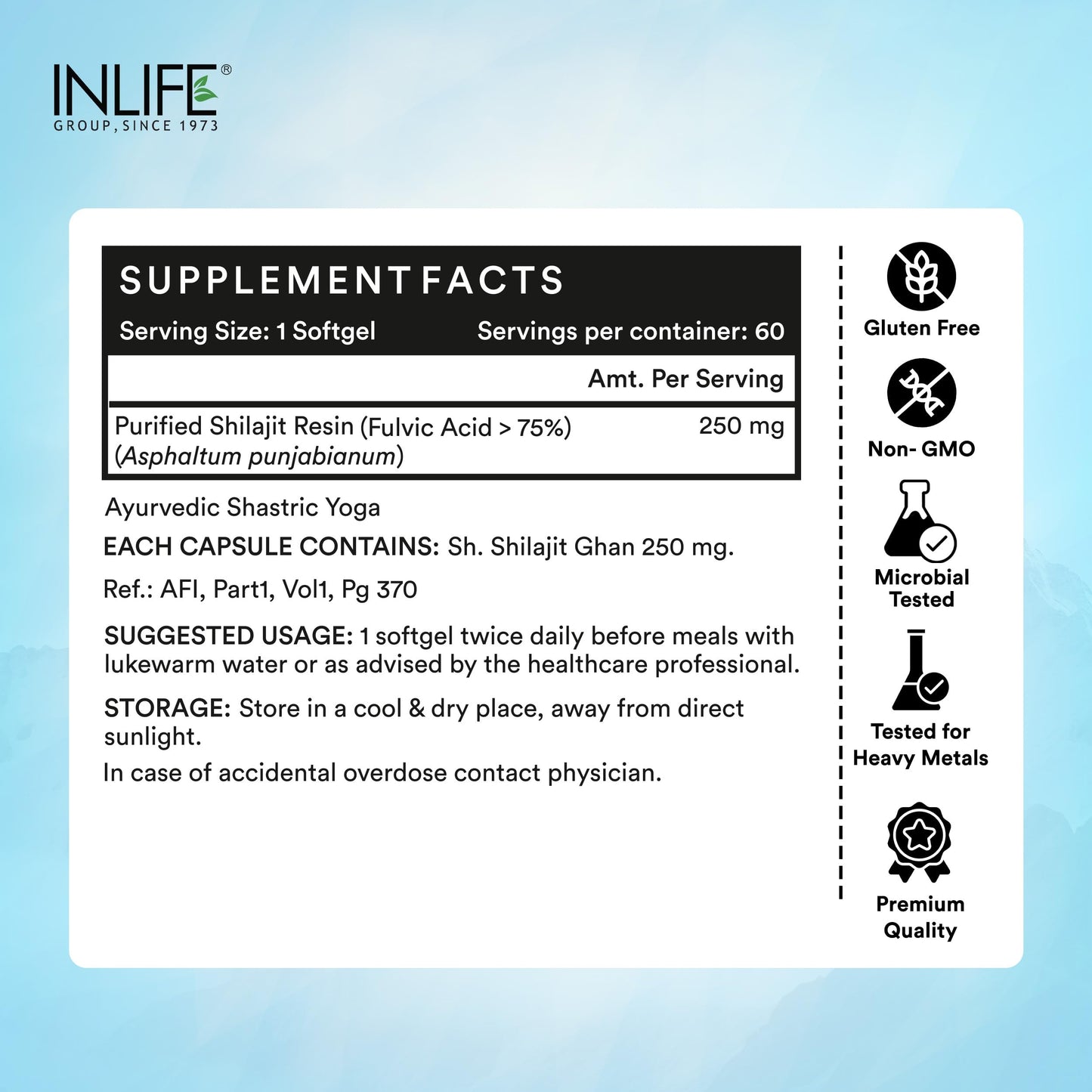 INLIFE Shilajit Resin 250mg, Himalayan Sourced 18000 ft, >75% Fulvic Acid 80+ Trace Minerals, Adaptogen Stamina Energy & Vitality, 60 Softgels