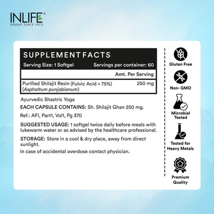 INLIFE Shilajit Resin 250mg, Himalayan Sourced 18000 ft, >75% Fulvic Acid 80+ Trace Minerals, Adaptogen Stamina Energy & Vitality, 60 Softgels