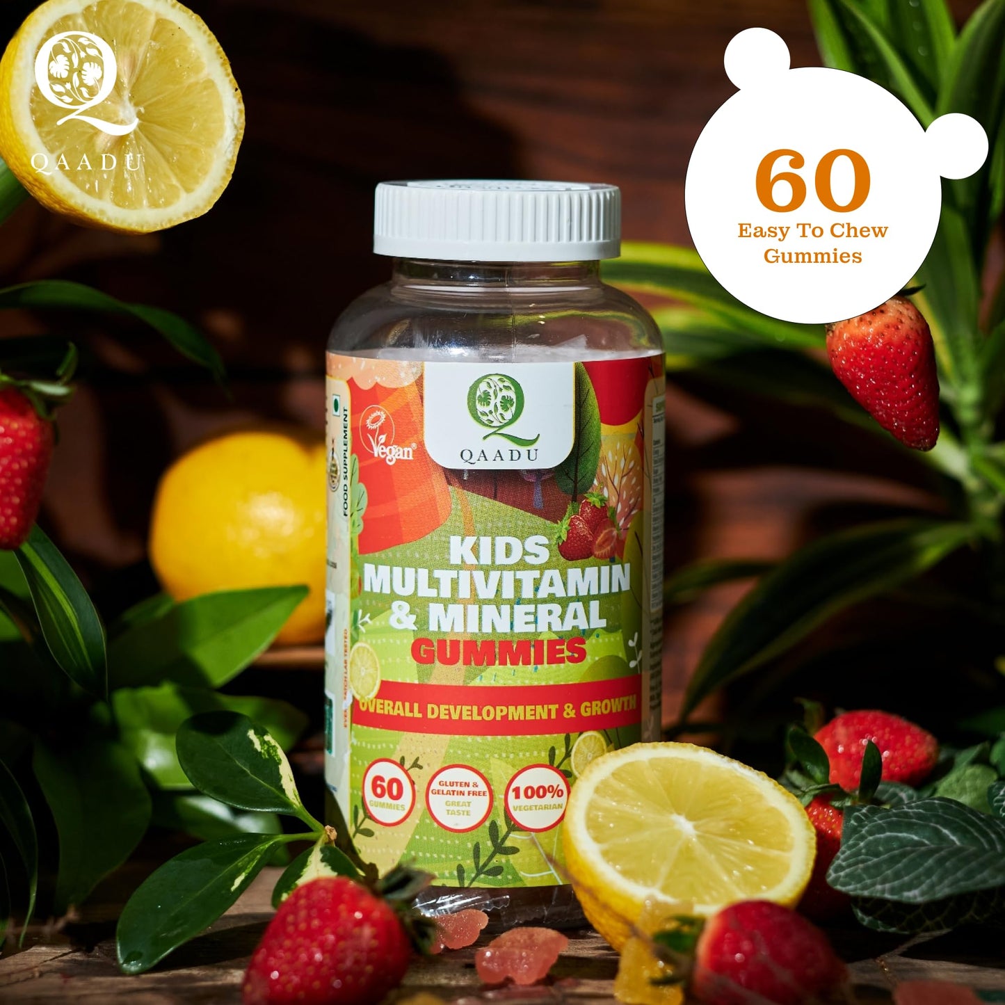 Qaadu Kids Multivitamin Gummies pack 2 | 60 X 2Gummies | Vitamins A, C, D, E, B12, Zinc | Daily Health, Energy Boost, Immune Support | Strawberry & Lemon Flavor | Power & Strength Gummies