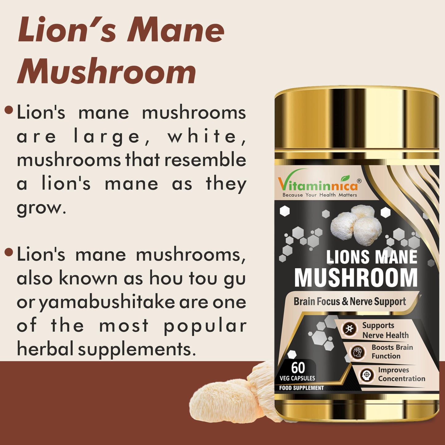 Vitaminnica Lion's Mane Mushroom 500mg- 60 Vegan Capsules | Nootropics for Brain Health & Focus