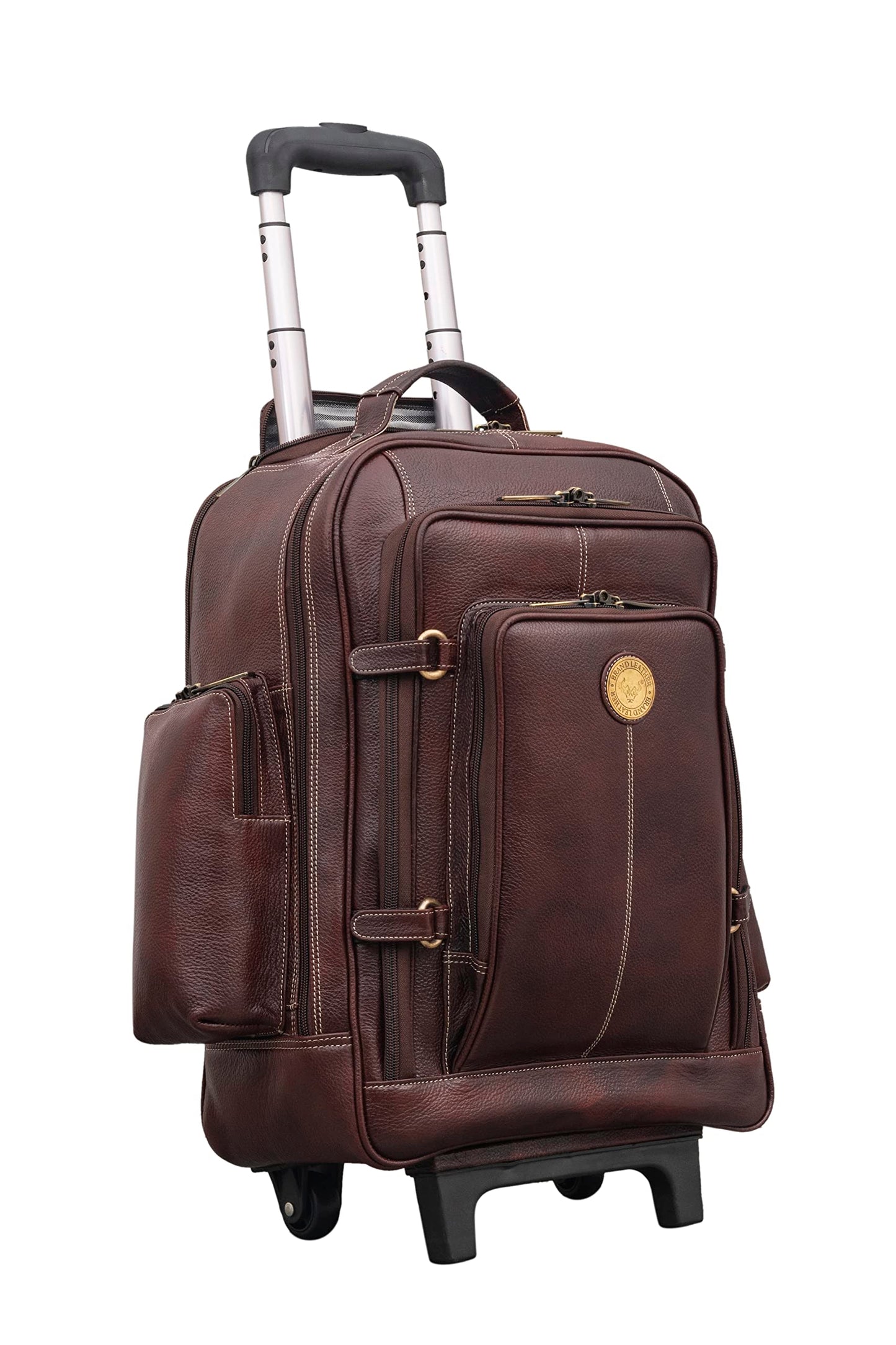 BRAND LEATHER Rolling Backpack Wheeled Laptop Backpack for Travel, Trolley Luggage Suitcase Compact Business Bag Student Laptop Bag for Men Women (BROWN)