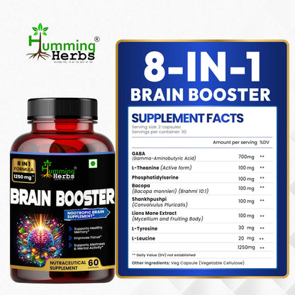 Humming Herbs Brain Booster | Nootropic Brain Supplement for Memory, Focus, & Mental Clarity - 8 in 1 Formula with GABA, Bacopa, Lion's Mane