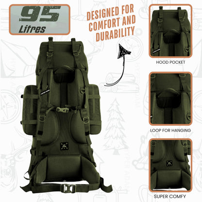 Hyper Adam 95 Ltr Rucksack With Detachable Hiking Backpack & Rain Cover for Trekking & Travelling | Mountain Bags For Men & Women| Backpack Military Grade Made With 3 Year Warranty (Military Green)