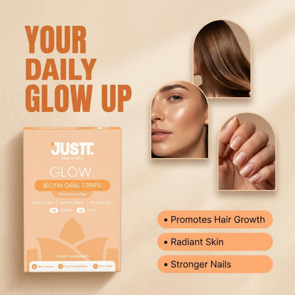 JUSTT ESSENTIALS Glow Biotin Oral Strips, 10,000 mcg Sesbania Extract, Strawberry Pop Flavor, 30 Fast Dissolving Strips, Vegan Plant-Based Supplement for Hair Growth, Glowing Skin & Strong Nails