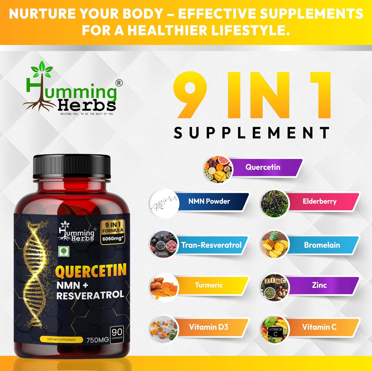 Humming Herbs Quercetin Supplement - NMN plus Resveratrol Extract - 90 Capsules
