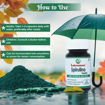 Lebrostone Spirulina Capsules – 30 Veg Capsules | Natural Superfood & Antioxidant | Detox, Boosts Energy, Immunity, Heart & Liver Healt.
