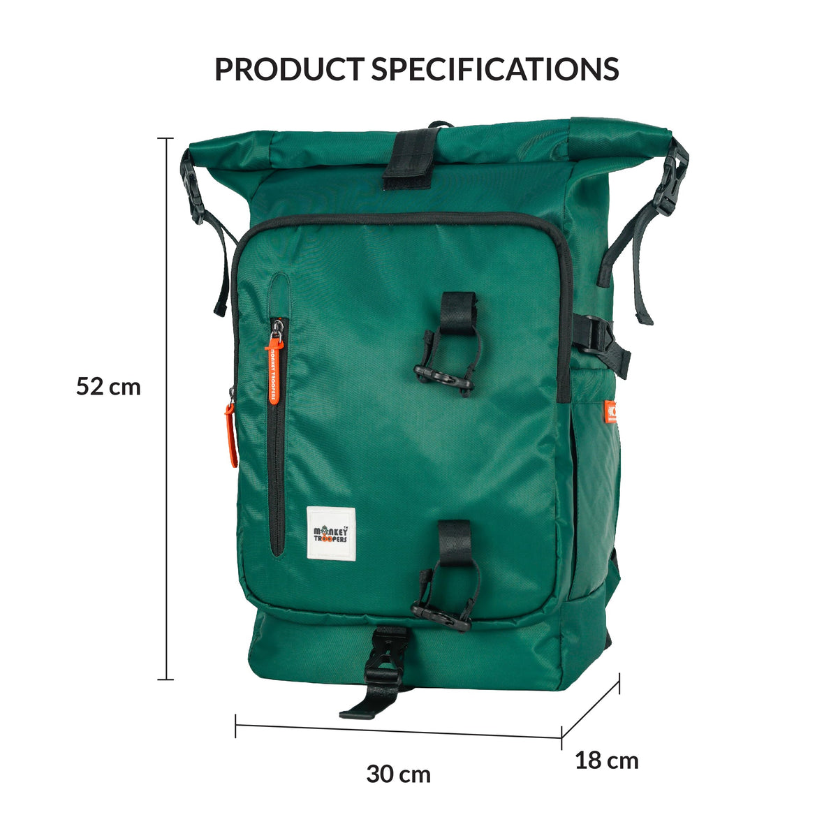 MONKEY TROOPERS Homie 35L Roll Top Laptop for Unisex Backpack Bag Green Expandable Roll Top Closure Hidden Valuables Pocket Organizer Panel Compression Straps Padded Carrying Support
