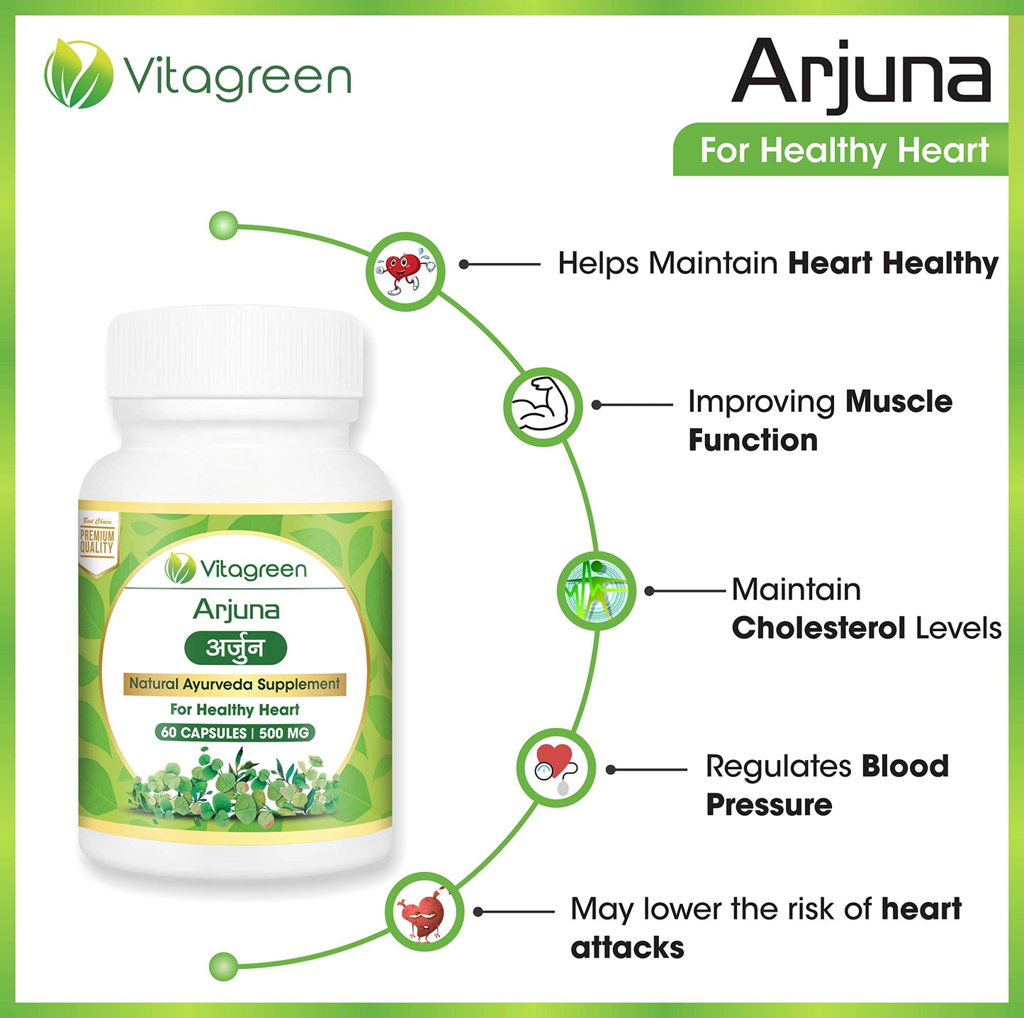 taGreen ARJUNA Capsules for Cholesterol & Healthy Heart, Pure Ayurvedic, Natural, Herbal Supplement, 500 mg , 60 Capsules Pack - Total 180 Capsules (Pack of 3)