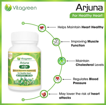 taGreen ARJUNA Capsules for Cholesterol & Healthy Heart, Pure Ayurvedic, Natural, Herbal Supplement, 500 mg , 60 Capsules Pack - Total 180 Capsules (Pack of 3)
