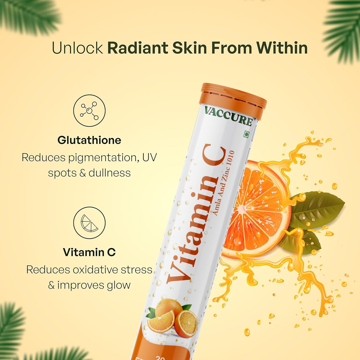VACCURE Vitamin C Effervescent Tablet, 20 Count, with L-Glutathione, Gluten Free, Orange Flavor, for Skin Brightening, Adults
