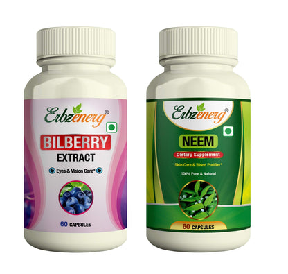 ERBZENERG® Bilberry Extract (Vaccinium myrtillus) 60 Capsules and Neem (Azadirachta indica) 60 Capsules 500mg (Pack of 1)