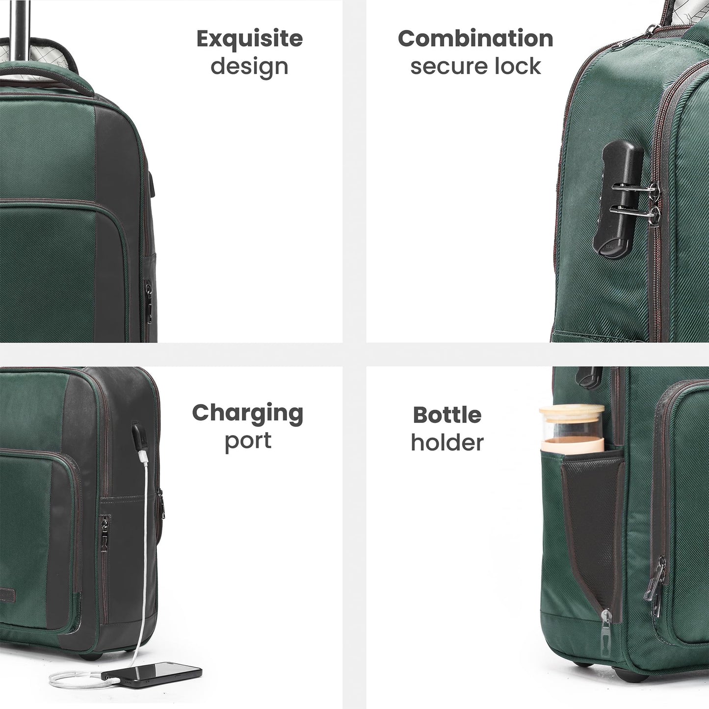 THE ASSEMBLY 3 Compartments Laptop Roller Case for Office Travel | Weekender Bag with Wheels for Men & Women- 30 Liters - One Day Travel Backpack - Metro Mod, Green