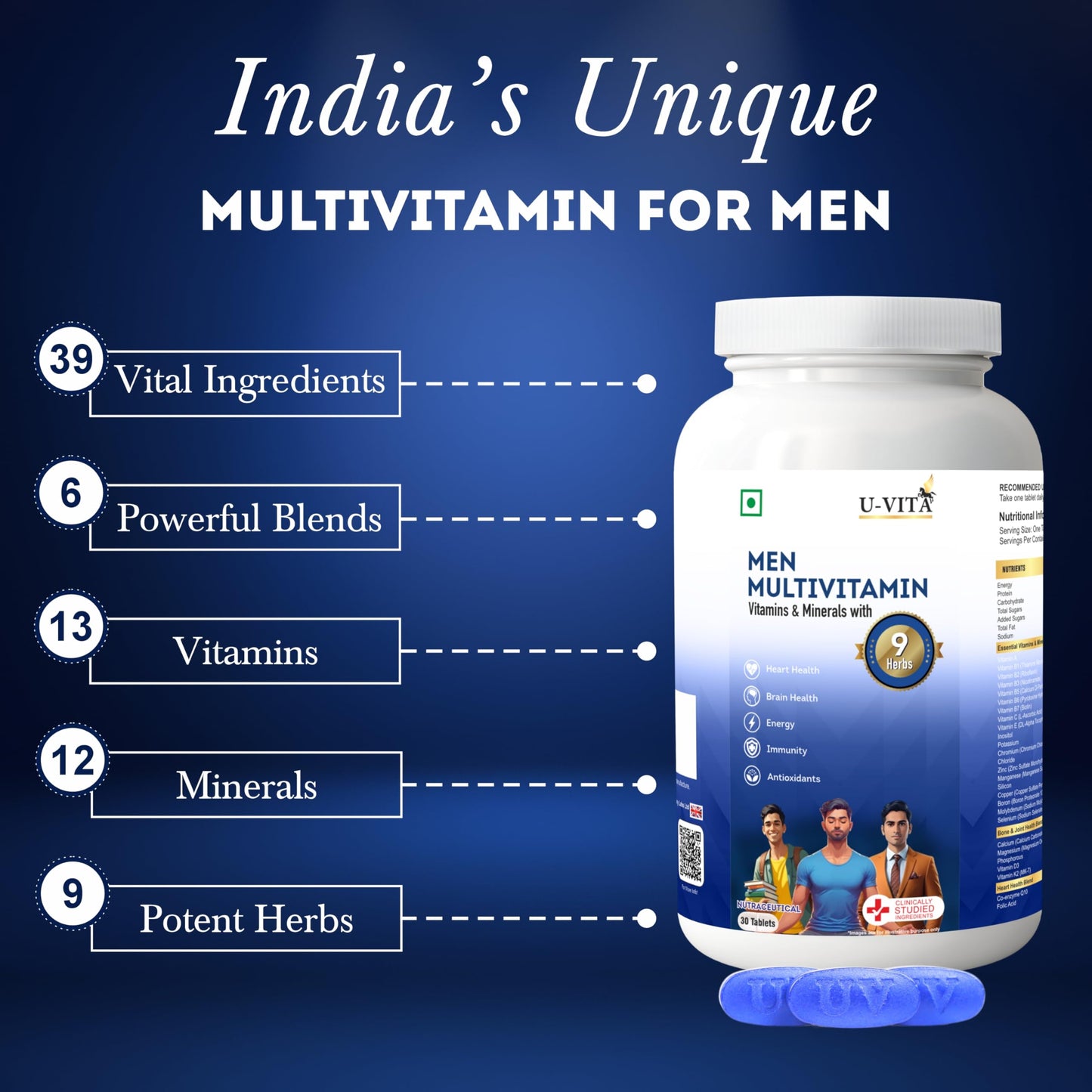 U-VITA Multivitamin for Men | Multivitamin tablet for men | Men38 Essential Vitamins, Minerals & Herbal extracts | Ashwagandha, Ginseng, Grape Seed Extracts | For Energy & Overall Vitality | 30 Veg Tablets | Formulated in the UK