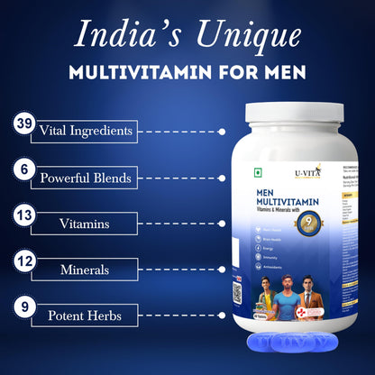 U-VITA Multivitamin for Men | Multivitamin tablet for men | Men38 Essential Vitamins, Minerals & Herbal extracts | Ashwagandha, Ginseng, Grape Seed Extracts | For Energy & Overall Vitality | 30 Veg Tablets | Formulated in the UK