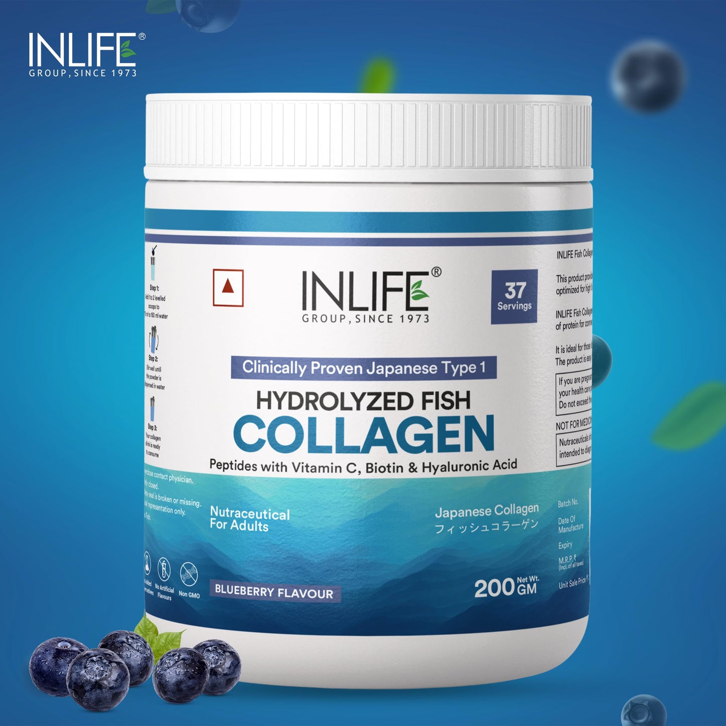 INLIFE Japanese Marine Collagen Supplements for Women & Men | Clinically Proven Ingredient with Biotin, Hyaluronic Acid, Vitamin C & Glucosamine (200g, Blueberry)