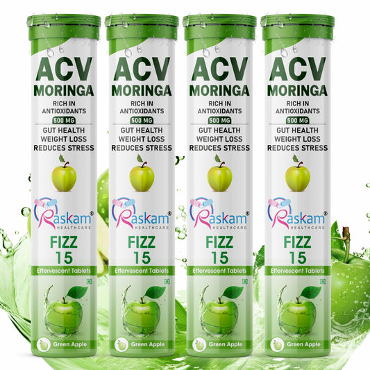 Raskam HEALTHCARE ACV Moringa Effervescent Tablets | Fizz 15 Tablets in Green Apple Flavor, 500mg| Natural Energy & Immunity Booster with Antioxidants to Control Cravings (Pack of 4)
